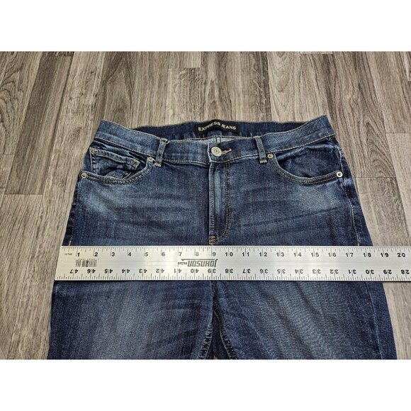 Express Jeans Womens 10 Blue Bell Crop High Rise Distressed Flare Denim Pants - Picture 7 of 10